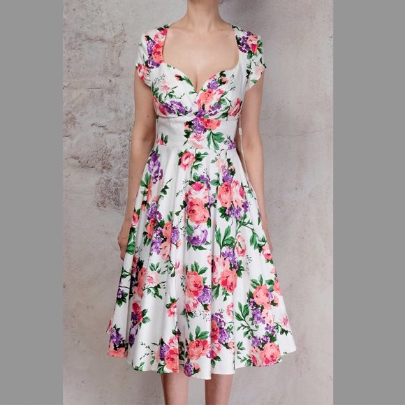 SOLD White and Pink Floral Rockabilly Dress - Picture 4 of 6